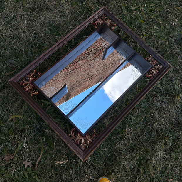 Antique Turn of the Century Shadowbox Mirror Shelving Unit with Hand Engraved Florals