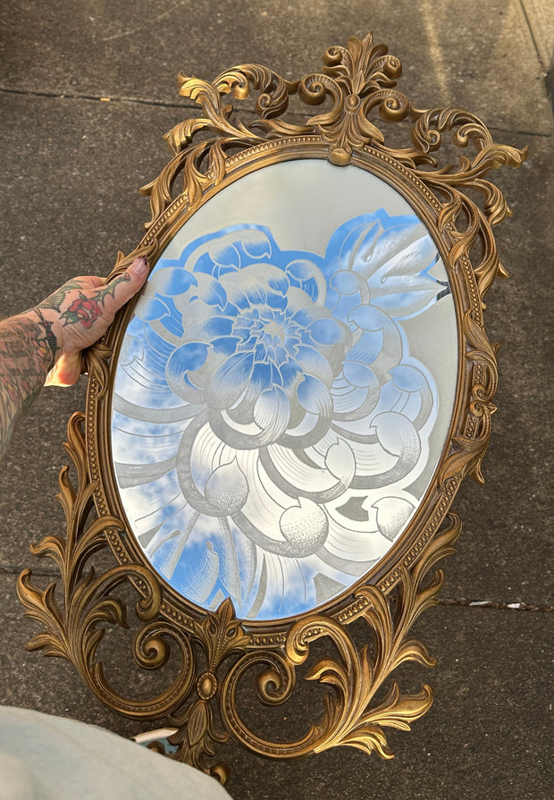 Hand Engraved Vintage Mirror With Crysanthemum  Engraving