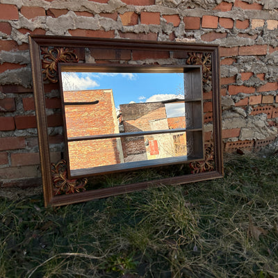 Antique Turn of the Century Shadowbox Mirror Shelving Unit with Hand Engraved Florals