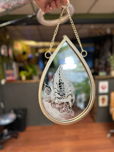 Hand Engraved Scorpion Tear Drop Shaped Gold Mirror with Chain