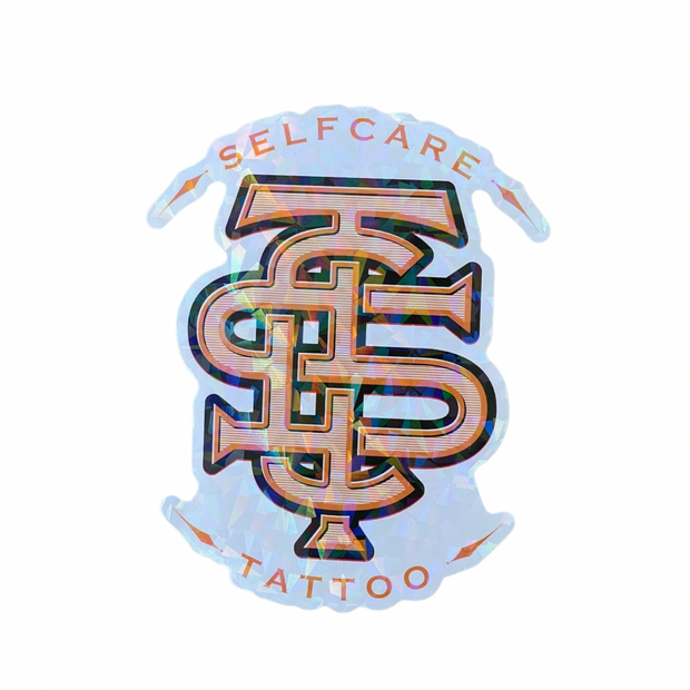 Holographic Self Care Tattoo Monogram Yellow Sticker