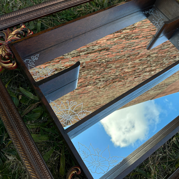 Antique Turn of the Century Shadowbox Mirror Shelving Unit with Hand Engraved Florals