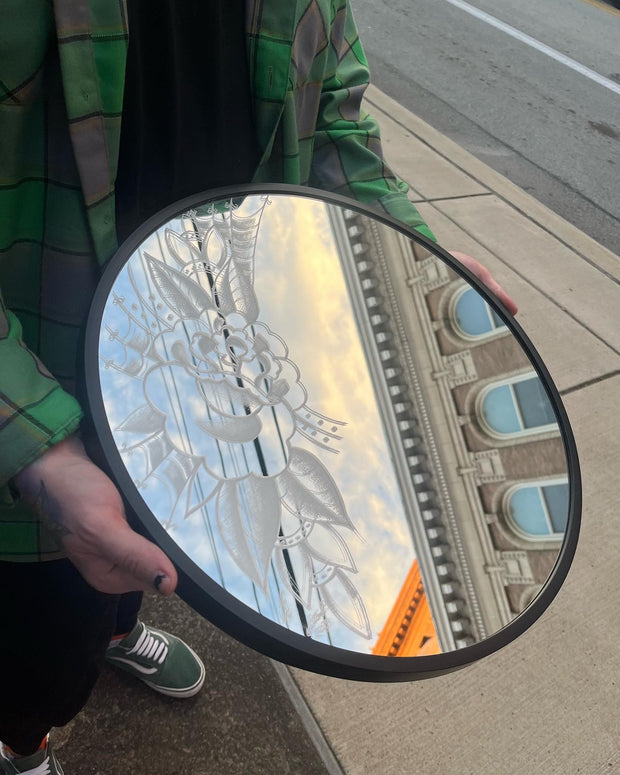 Hand Engraved Rose and Spiderweb Circle Mirror (15 inches) One of a Kind