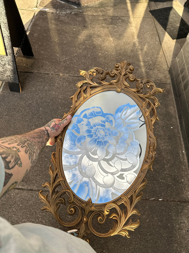 Hand Engraved Vintage Mirror With Crysanthemum  Engraving