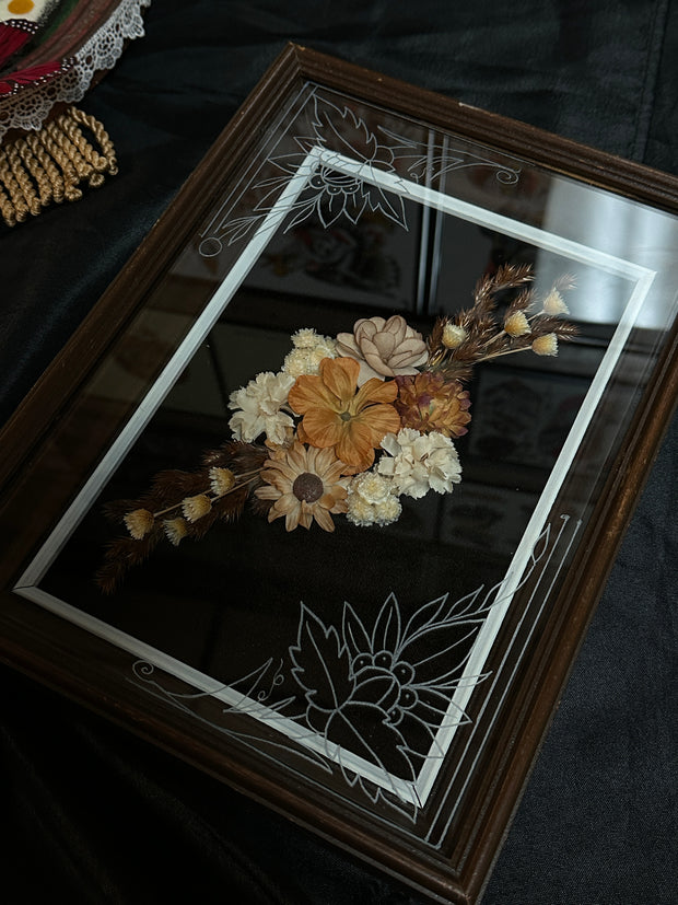 Hand Engraved Glass Vintage Floral Wooden Shadow Box (2 Ever Made)