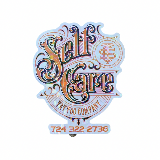 Holographic Self Care Tattoo Phone Number Yellow Sticker