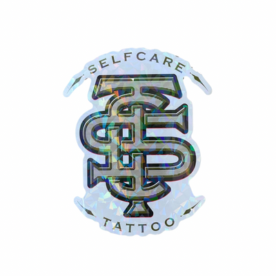 Holographic Self Care Tattoo Monogram Blue Sticker